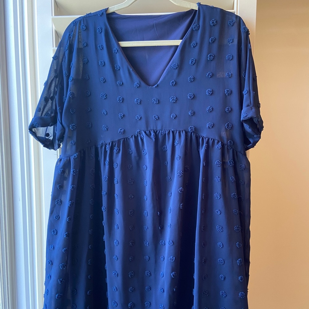 Navy blue dress MEDIUM Swedish dot. Short sleeve empire waist. Lined. Ex. Cond